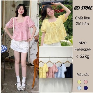 Áo Babydoll Cúc Dọc Cổ Vuông Tay Bồng Xếp Ly Nơ Cổ HEI STORE MA3103