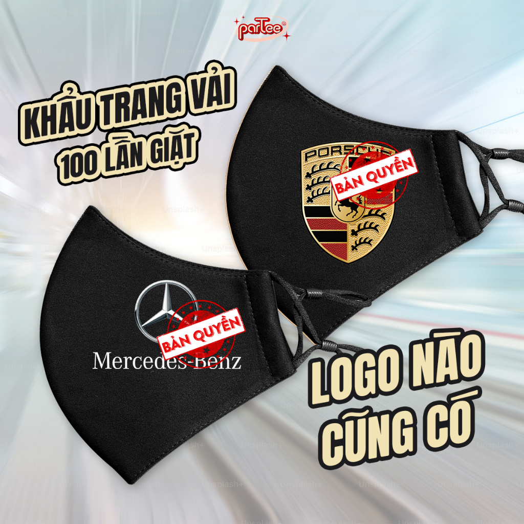 Khẩu Trang Vải 3 Lớp chỉnh được kích thước in logo siêu xe Mercedes Roll Royce Porche BMW Ferrari