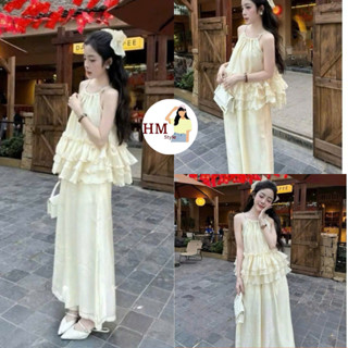  Set Áo Yếm Tơ Lụa Xếp Bèo Tầng Dây Ngọc Phối Quần Ống Suông chất tơ óng 2 Lớp HB739 