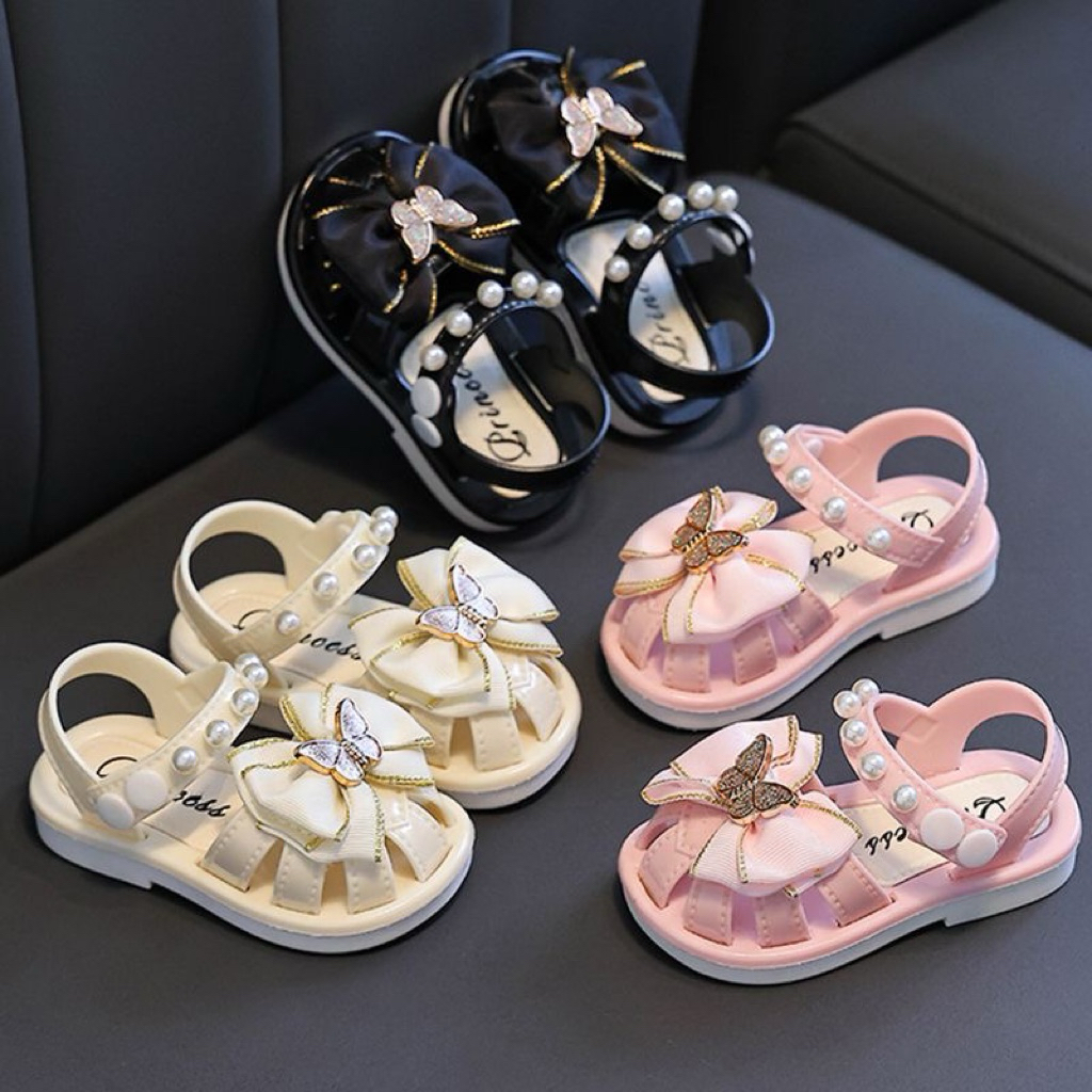 Xăng đan đi học cho bé gái, giày quai nút cài hình nơ tiểu thơ kết hạt cườm