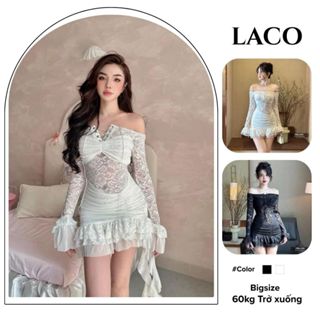  Váy body ren tay dài trễ vai đan dây trước ngực đầm thiết kế ren hoa dáng đuôi cá phối tà tua rua 