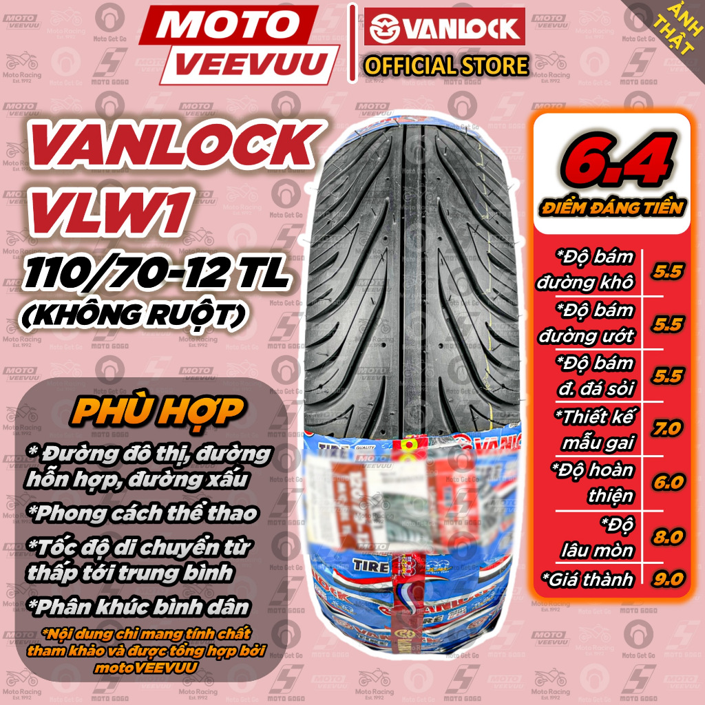 [MTVV] Vỏ lốp xe máy VANLOCK 110/70-12 TL VLW1 xe Grande MSX Vespa Sprint Vespa Primavera Lốp không ruột<END>