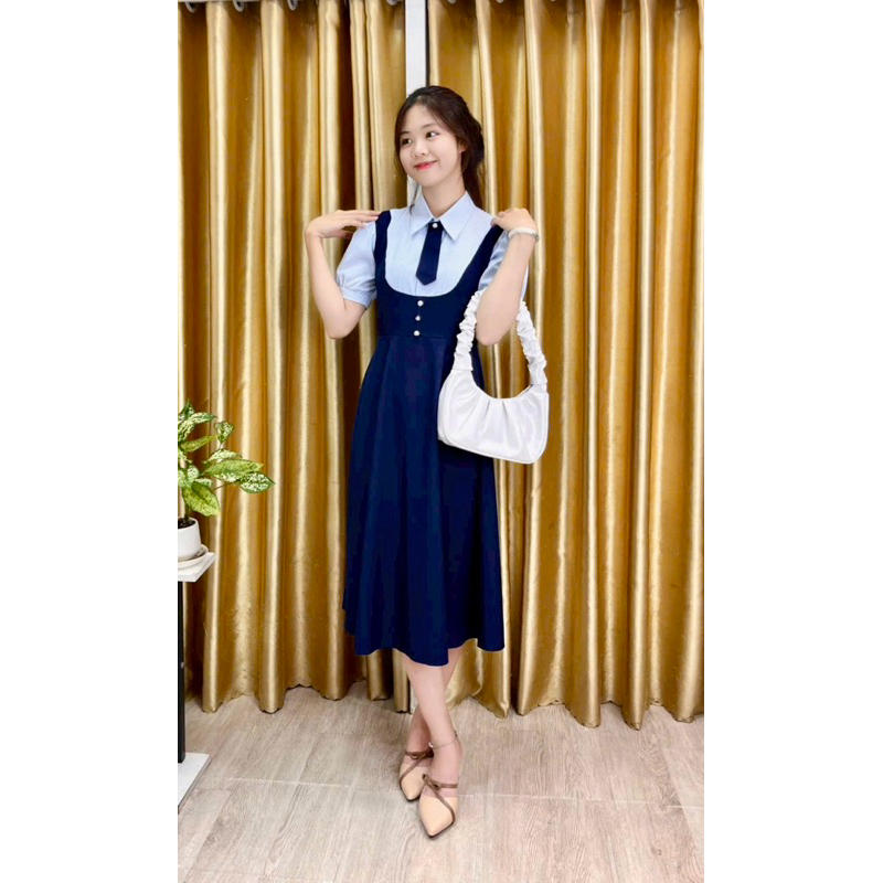 ĐẦM LIỀN PHỐI MÀU KÈM CÀ VẠT - NAVY DRESS