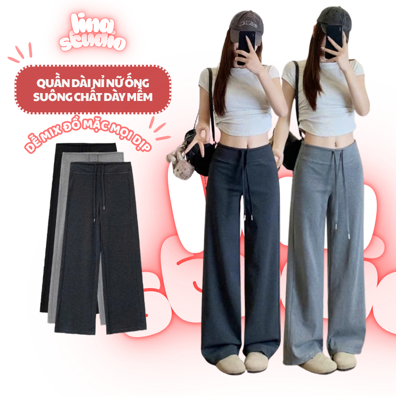 Quần dài nỉ nữ ống suông TheLinaStudio chất dày đẹp sờ mướt tay may kỹ kiểu basic mặc ở nhà QN15