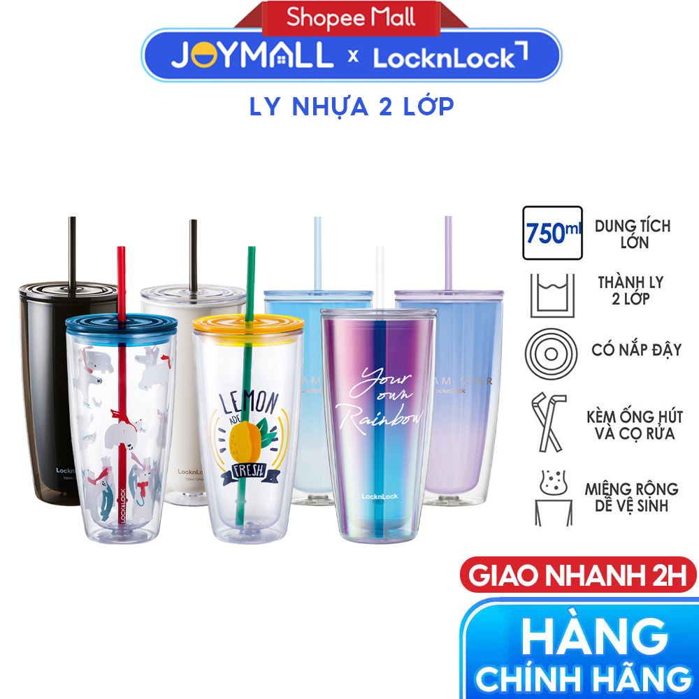 Ly nhựa 2 Lớp LocknLock 750ml HAP507 - Hàng chính hãng kèm ống hút cọ rửa - JoyMall