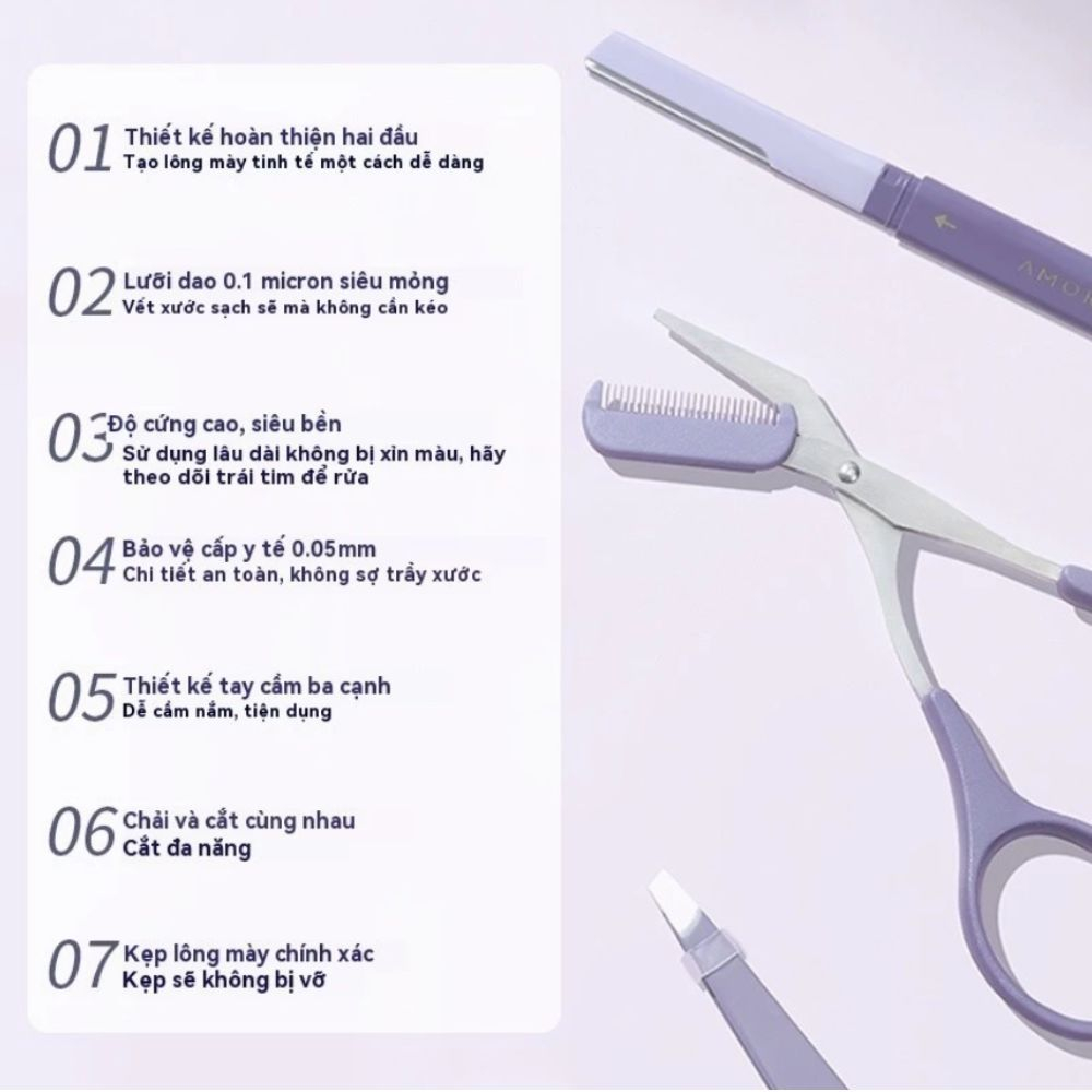 Ảnh 2 của Dụng Cụ Cạo Tỉa Lông Mày AMORTALS Tiện Dụng , Dao Cạo Hai Đầu, Nhíp Không Gỉ