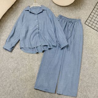 Set Sơ Mi Bigsize Nữ Áo Quần Dài Vải Đũi Vân Mây Mềm Mát Thanh Lịch Trẻ Trung -SET858