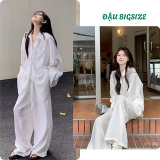  Set đồ bigsize nữ áo sơ mi tay dài form rộng kèm quần dài ống rộng lưng thun chất đũi vân mây - SET858 