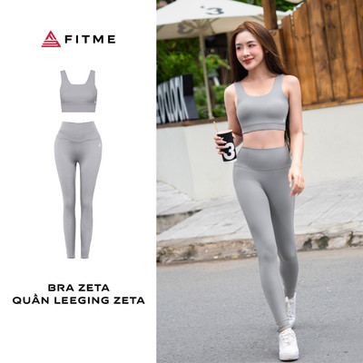 Bộ thể thao tập gym yoga Fitme áo Bra Zeta thấm hút mồ hôi Rhino Grey, quần legging dài Rhino Grey co giãn 4 ch