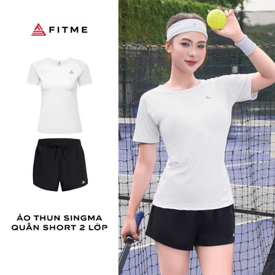 Bộ đồ Pickleball cầu lông tennis nữ Fitme áo thun Sigma trắng, quần đùi thể thao 2 lớp thoáng khí