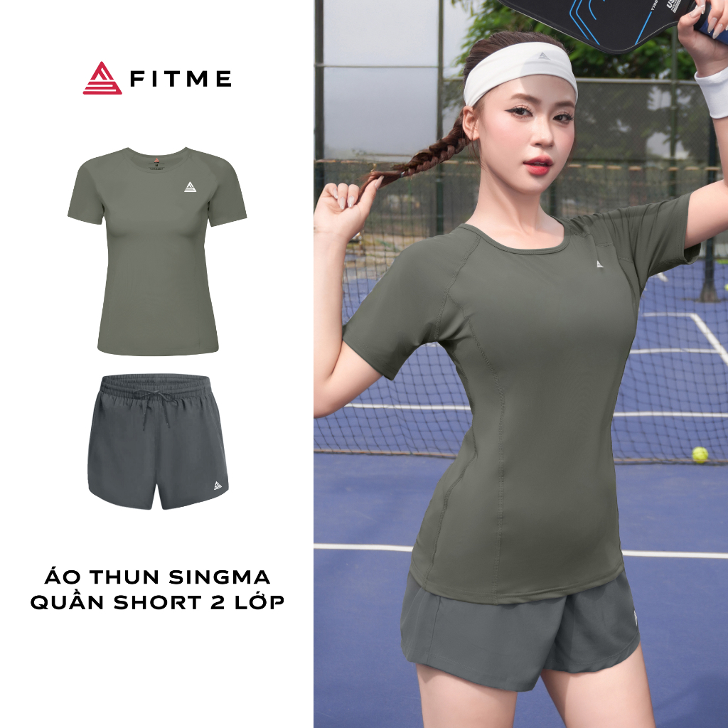 Bộ đồ Pickleball cầu lông tennis nữ Fitme áo thun Sigma xanh rêu, quần đùi thể thao 2 lớp thoáng khí