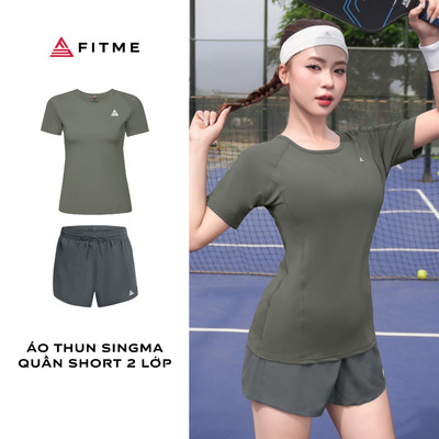 Bộ đồ Pickleball cầu lông tennis nữ Fitme áo thun Sigma xanh rêu, quần đùi thể thao 2 lớp thoáng khí