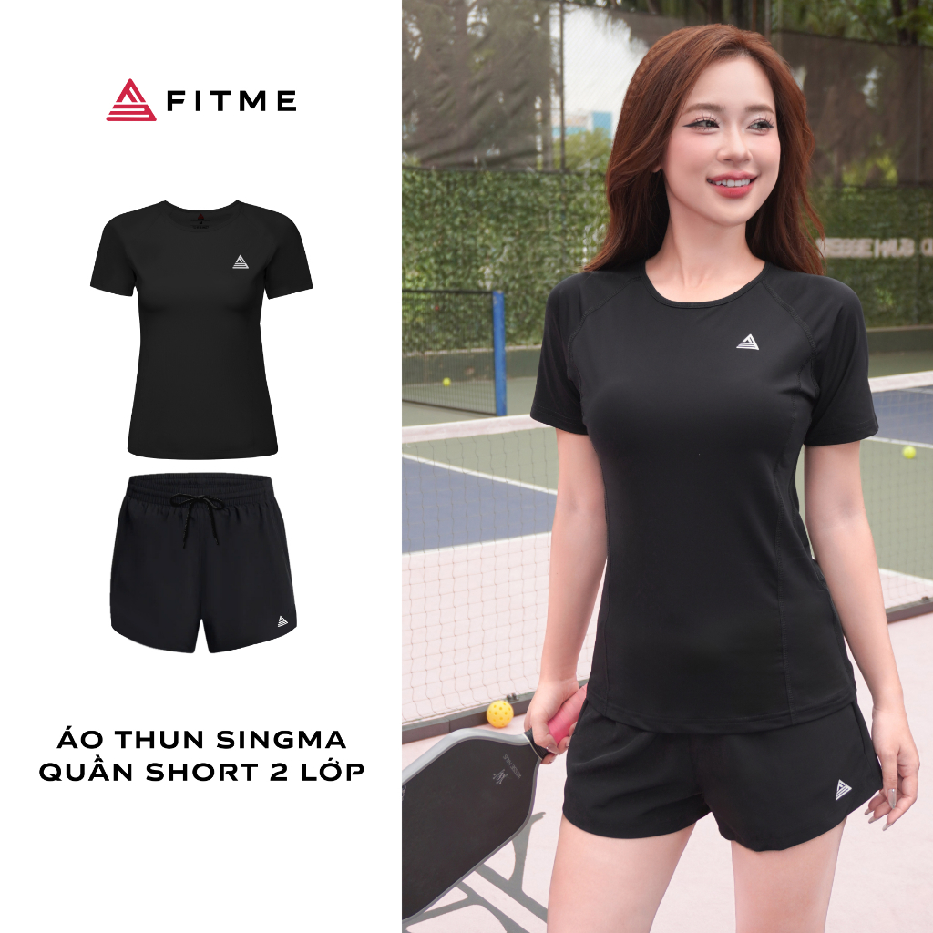 Bộ đồ Pickleball cầu lông tennis nữ Fitme áo thun Sigma Đen, quần đùi thể thao 2 lớp thoáng khí