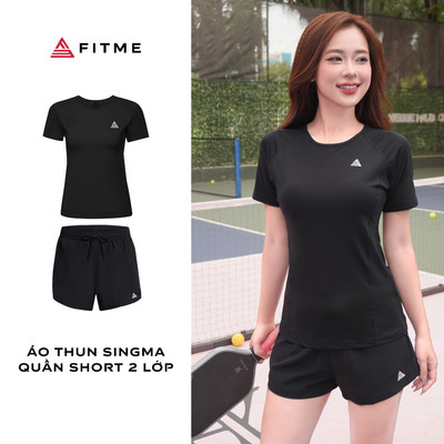 Bộ đồ Pickleball cầu lông tennis nữ Fitme áo thun Sigma Đen, quần đùi thể thao 2 lớp thoáng khí