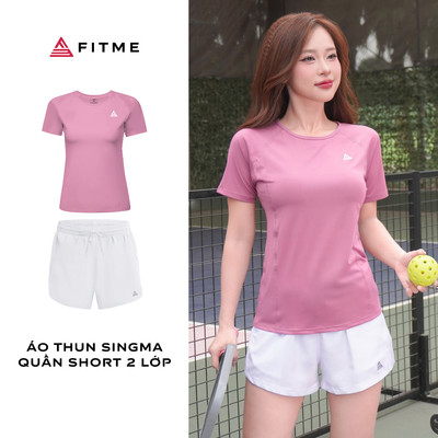 Bộ đồ Pickleball cầu lông tennis nữ Fitme áo thun Sigma Hồng đất, quần đùi thể thao 2 lớp thoáng khí