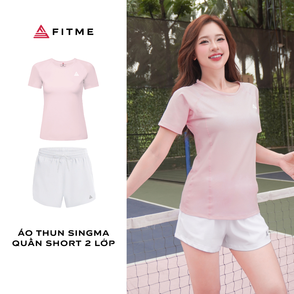 Bộ đồ Pickleball, cầu lông, tennis nữ Fitme áo thun Sigma Hồng, quần đùi thể thao 2 lớp thoáng khí | BigBuy360 - bigbuy360.vn