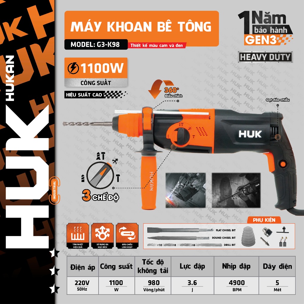 Máy Khoan Bê Tông Hukan K98 ( Gen 3) 3 Chức Năng Khoan Công Suất 1100W Đầu Chuyển Khoan 2 Trong 1- H