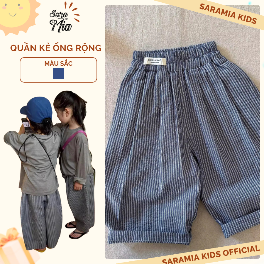 [DT11] Quần kẻ sọc ống rộng cho bé SARAMIA KIDS, lưng chun thoải mái, dáng unisex mặc hằng ngày
