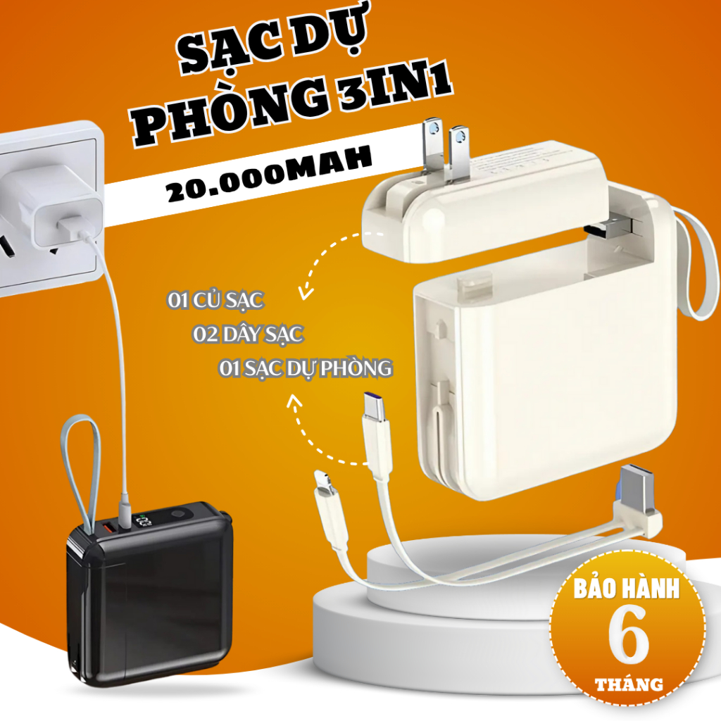 Bộ Cốc Sạc Tích Hợp Sạc Dự Phòng 3in1 20000mah Sạc Nhanh 22.5w - Đa Cổng Sạc - Sạc Dự Phòng Nhanh