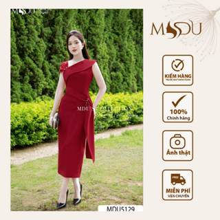  Váy Mango Ý MDU5129 Gam Đỏ Rượu Trầm Sang Trọng Cổ Xéo Lệch Vai Cùng Tay Cách Điệu Thanh Lịch Từ MDU 