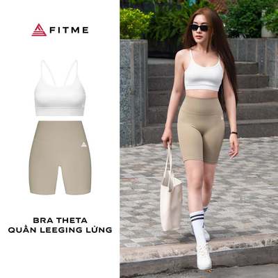 Bộ quần áo tập gym nữ Fitme áo bra 2 dây Theta, quần legging lửng chất liệu thun co giãn 4 chiều Sand