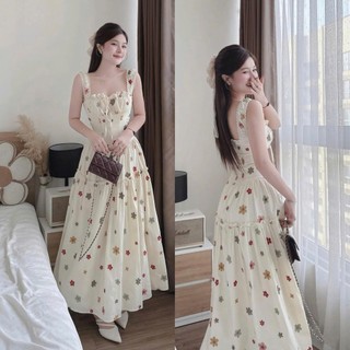  Đầm váy nữ chất lụa thước tha dịu dàng đầm maxi 2dây hoa sắc màu viền ren cột nơ đính nút bọc dáng xòe tầng dài có mút 