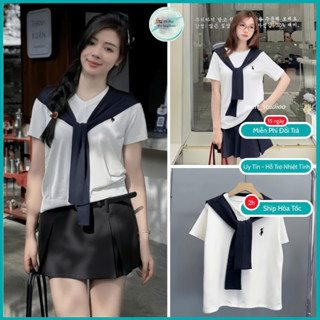  Áo phông thủy thủ tay lỡ áo thun thêu logo ngựa phối khăn quàng chất liệu cotton có giãn thoáng mát 