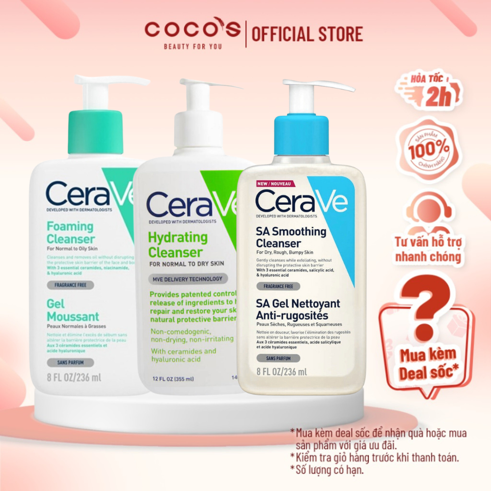  Sữa Rửa Mặt CeraVe Smoothing Hydrating Cleanser 236ml Cho Da Dầu Da Mụn và Da Khô! 