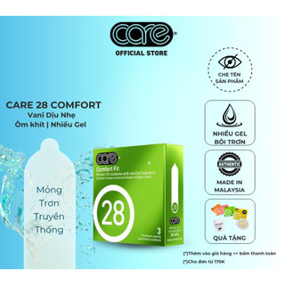  Bao cao su mỏng trơn truyền thống CARE 28 nhiều gel bôi trơn vani kéo dài thời gian - hộp 3 bcs 