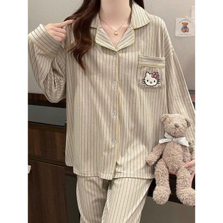  Bộ ngủ nữ dài tay hình mèo hello kitty kẻ sọc thời trang pijama đáng yêu cute thu đông cotton mây mềm 062 