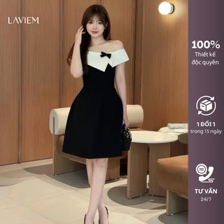 LAVIEM - Váy trễ vai dáng lửng xòe phối đen be đính nơ - Eddie Dress