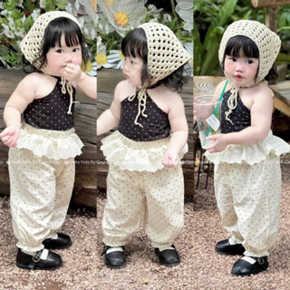 [ĐỘC QUYỀN HANA KIDS] SET ÁO THUN CỔ YẾM ĐEN MIX QUẦN TRẮNG CHẤM BI PHỐI REN BÈO SIÊU XINH - SET ÁO+QUẦN THIẾT KẾ CHO BÉ
