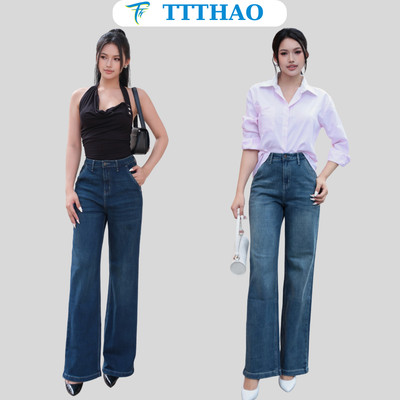 Quần jeans nữ ống suông TTTHAO cao cấp kiểu dáng quần jeans nữ ống rộng dài 103cm VNXK phong cách quần jean nữ basic J16