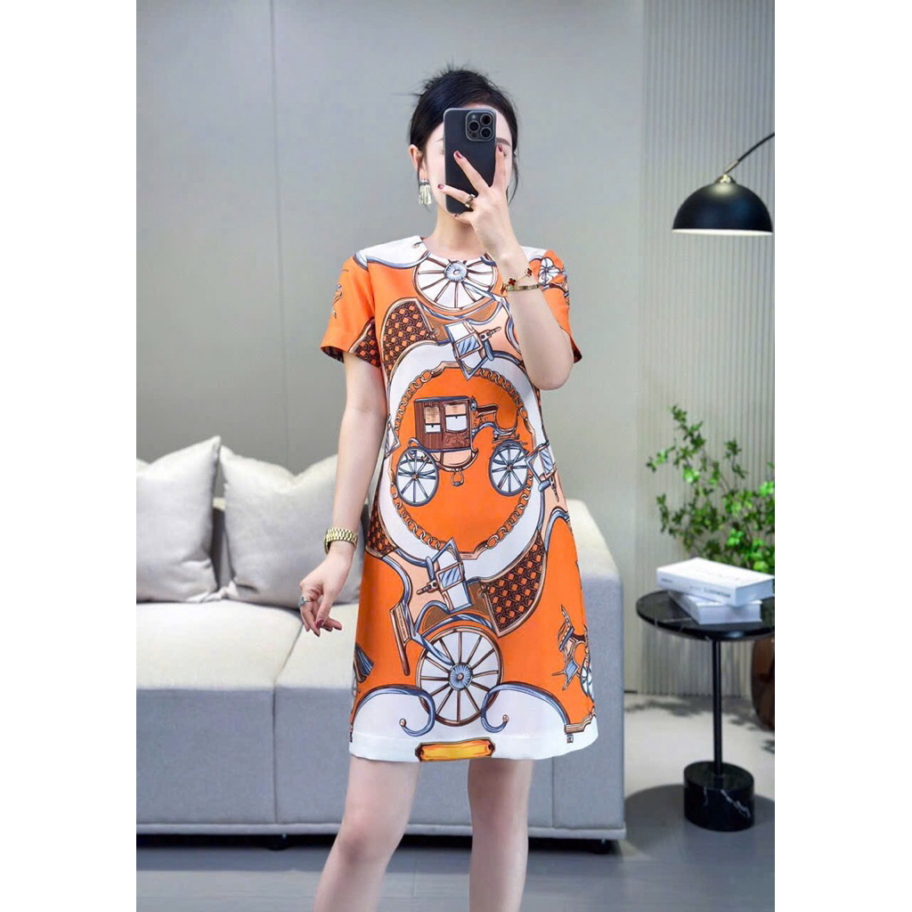 HÀNG NHẬP - ĐẦM SUÔNG LỤA HT IN HOA TAY NGẮN