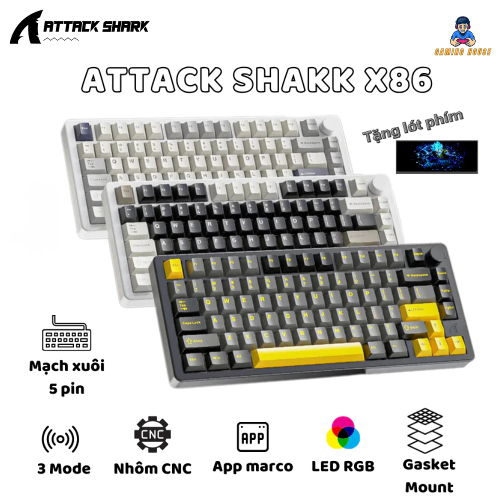 Bàn phím cơ nhôm CNC Attack Shark X86 - 3 mode kết nối- Led RGB- Hotsawp 5pin - Có núm | BigBuy360 - bigbuy360.vn