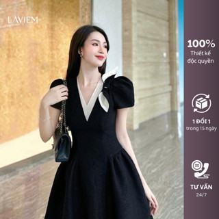 LAVIEM - Váy thiết kế dáng ngắn xòe đen đỏ cổ V đính nơ - Katy Dress