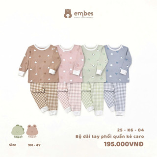 Embes 25-K6-04. Bộ dài tay hoạ tiết phối quần kẻ caro dễ thương cho bé trai bé gái, đồ bộ dài tay thu đông cho bé