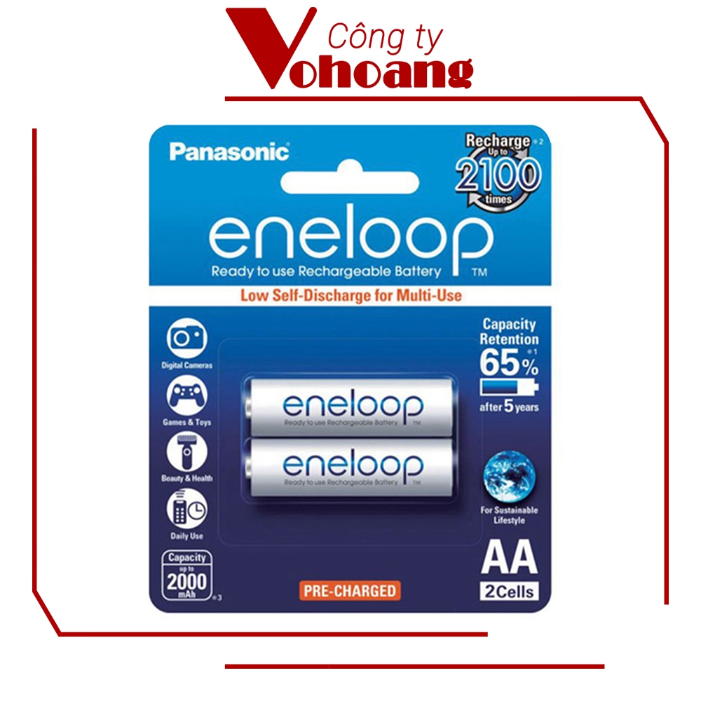 Bộ 2 pin sạc AA Panasonic Eneloop 2000mAh NiMH điện áp 1.2V (Trắng)