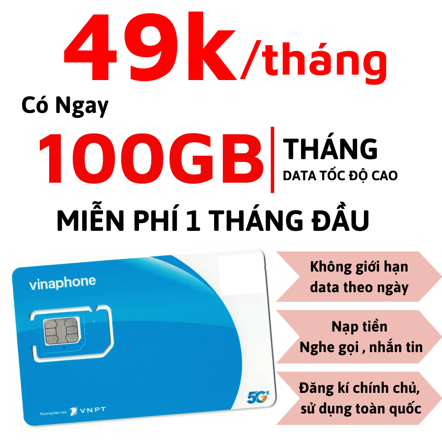 ( GIA HẠN 49K 1 THÁNG ) Sim Data 5G Vinaphone TẶNG 100GB Sử Dụng Mạng Tốc Độ Cao - Sim TD49