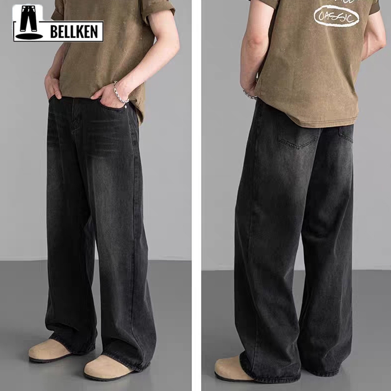 BELLKEN quần jean nam ống rộng Quần Jean Nam Baggy Ống Suông Rộng Màu Trơn Quần Jean Nam Wash Retro Ống Rộng 3 Màu