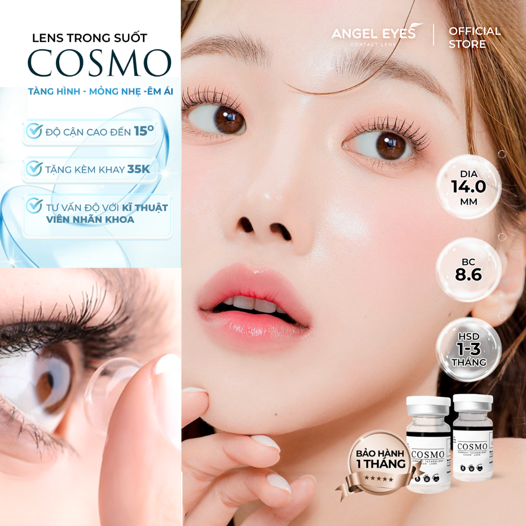 Lens cận Angel Eyes Cosmo trong suốt có độ từ 0 đến 15 độ | Kính áp tròng cận trong suốt có độ