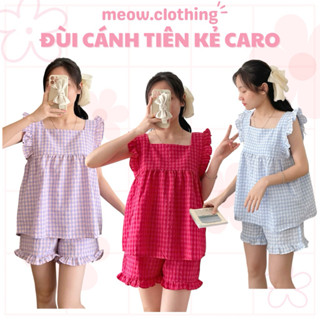 Đồ Mặc Nhà, Bộ Ngủ Nữ, Pijama Cánh Tiên Quần Đùi Kẻ Caro Vải Thô Mềm Freesize