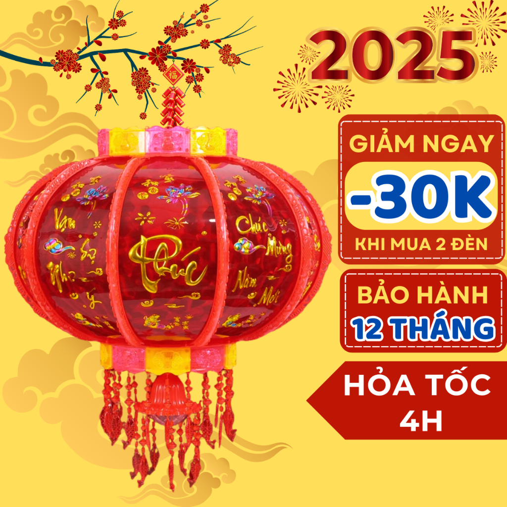 Đèn lồng điện trang trí Tết 2025 mẫu mới bản chữ Việt, lồng đèn điện xoay 360 độ đèn Led nhấp nháy