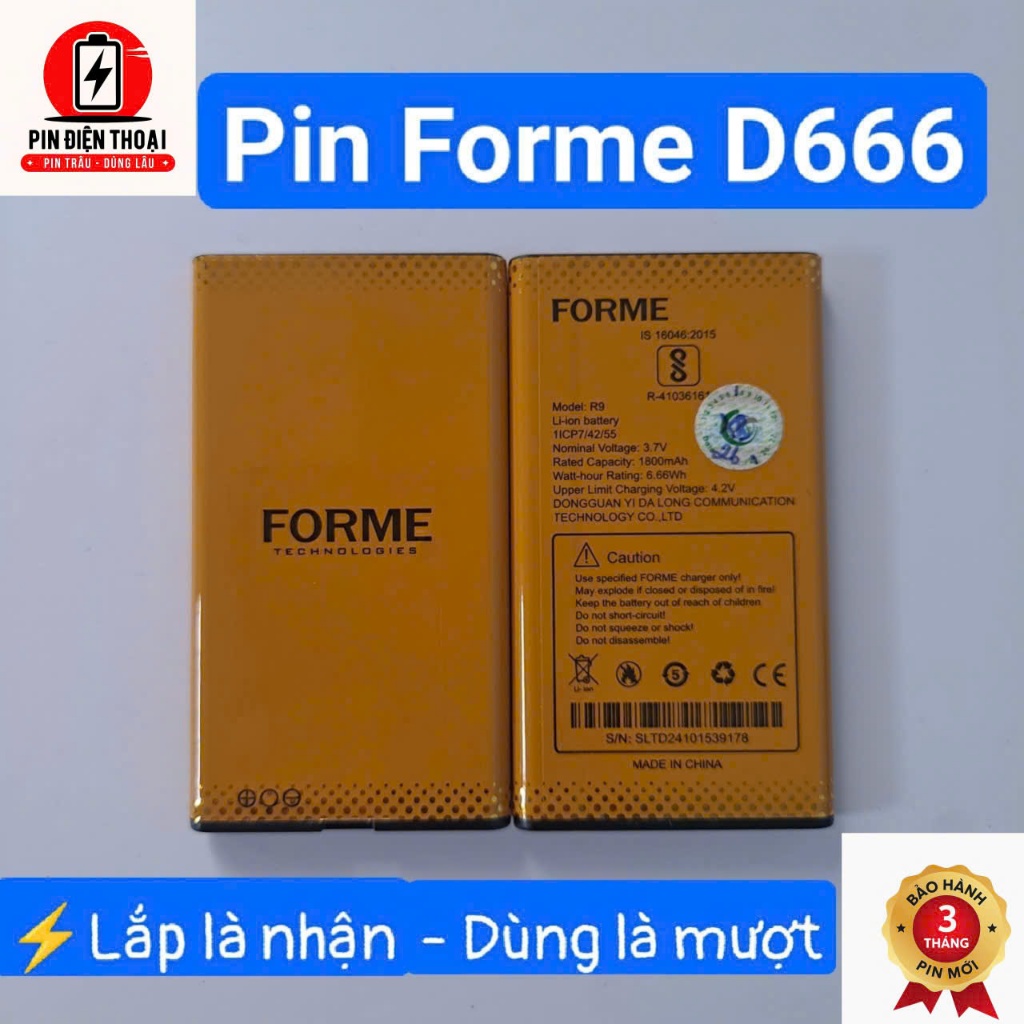 Pin hãng FORME D666 - Chuẩn dung lượng 1800 mAh - Bảo hành 3 tháng