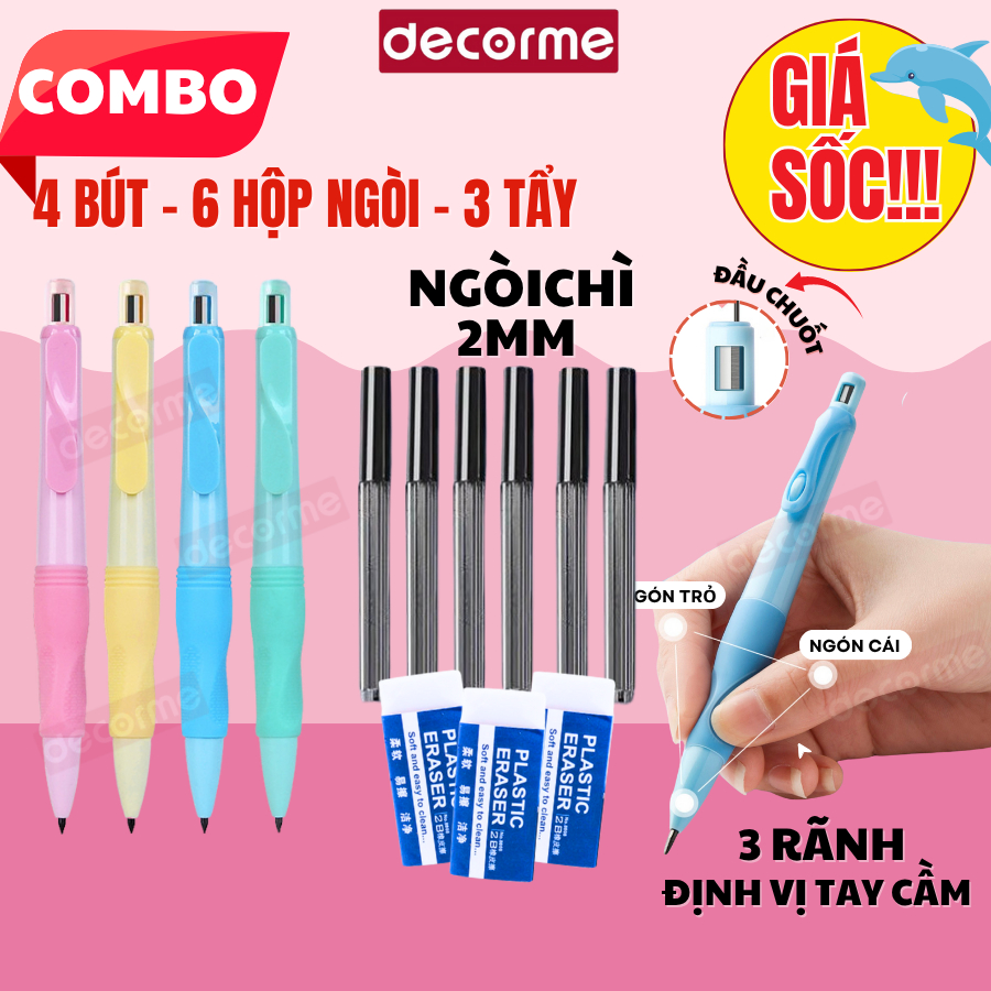 Bút chì cá heo tập viết bút chì bấm 2B ngòi 2.0mm DecorMe giúp bé cầm bút đúng tư thế, viết lâu không đau, không mỏi tay