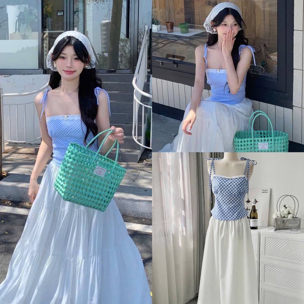 ( Ảnh Lollaye ) ;Sét Áo 2 Dây Caro Xanh Thắt Nơ Vai Mix Chân Váy Trắng Xoè Tầng 2 Lớp Nhẹ Nhàng ,  V