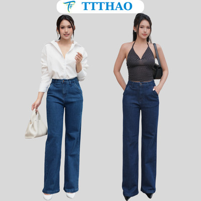 Quần jeans nữ ống suông TTTHAO cao cấp kiểu dáng quần jeans nữ ống rộng dài 103cm VNXK phong cách quần jean nữ basic J17