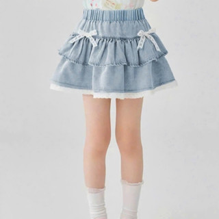 Chân Váy Jean Bé Gái Xòe 2 Tầng Đính Nơ Viền Ren Co Giãn Mềm Mại Có Quần Trong Nexxi