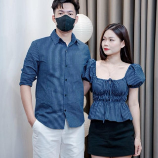    S - 36   Set đồ đôi nam nữ couple áo nữ babydoll cổ vuông chiết eo tay bồng và áo sơmi nam tay dài đồ đôi 