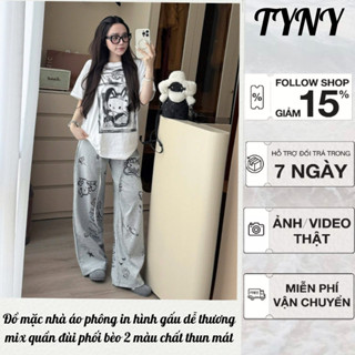 Set đồ bộ nữ, bộ mặc nhà áo phông form rộng mix quần ống rộng cạp chun in hình hellokity chất thun mát HCOM26144